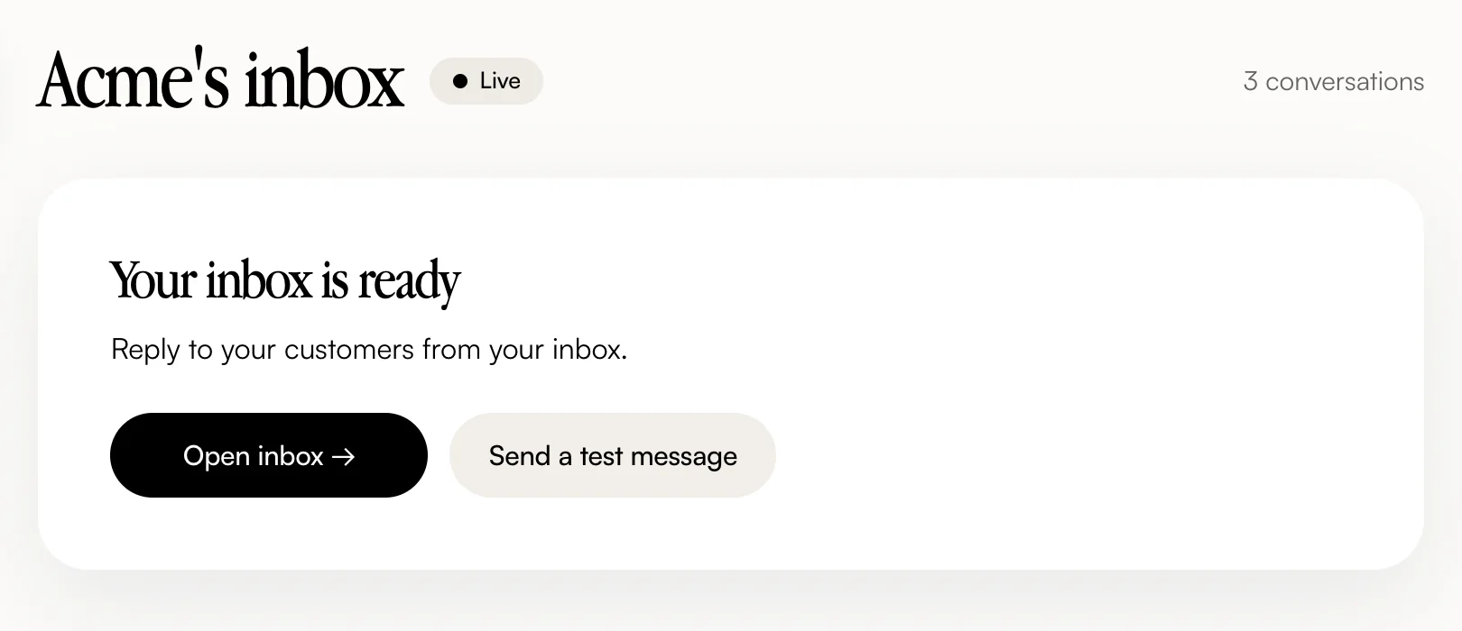 The Daykeeper console for the Acme workspace on the Free plan: Acme's inbox is marked Live with 3 conversations, and a card says Your inbox is ready, with Open inbox and Send a test message buttons.