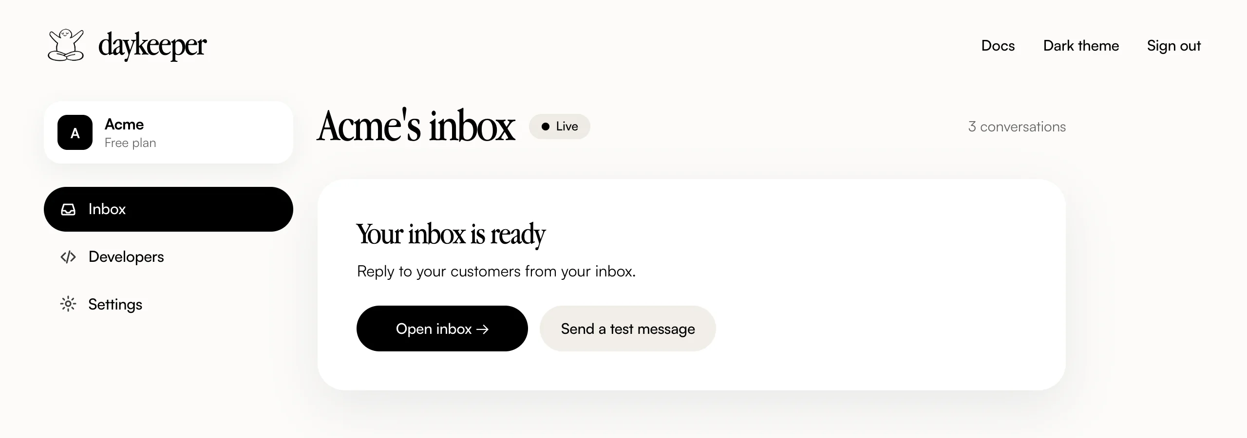 The Daykeeper console for the Acme workspace on the Free plan: Acme's inbox is marked Live with 3 conversations, and a card says Your inbox is ready, with Open inbox and Send a test message buttons.